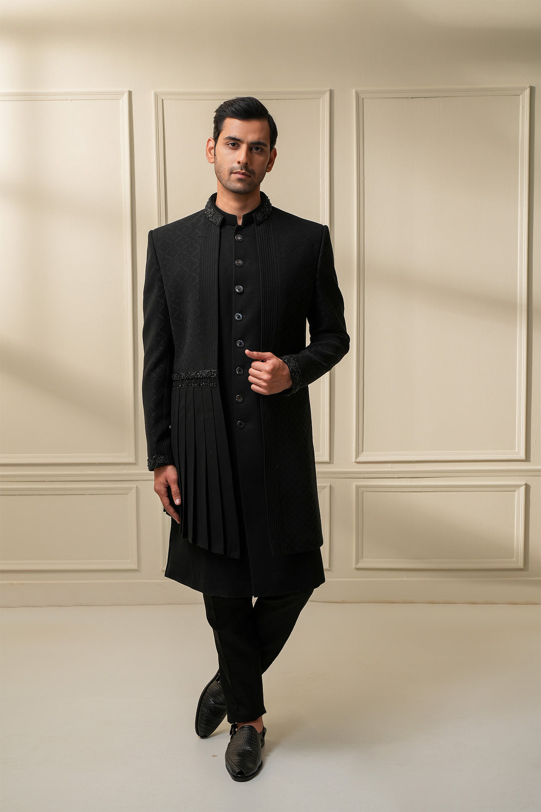 The Front Onesided Drape Belted Black Indo Western Ensemble